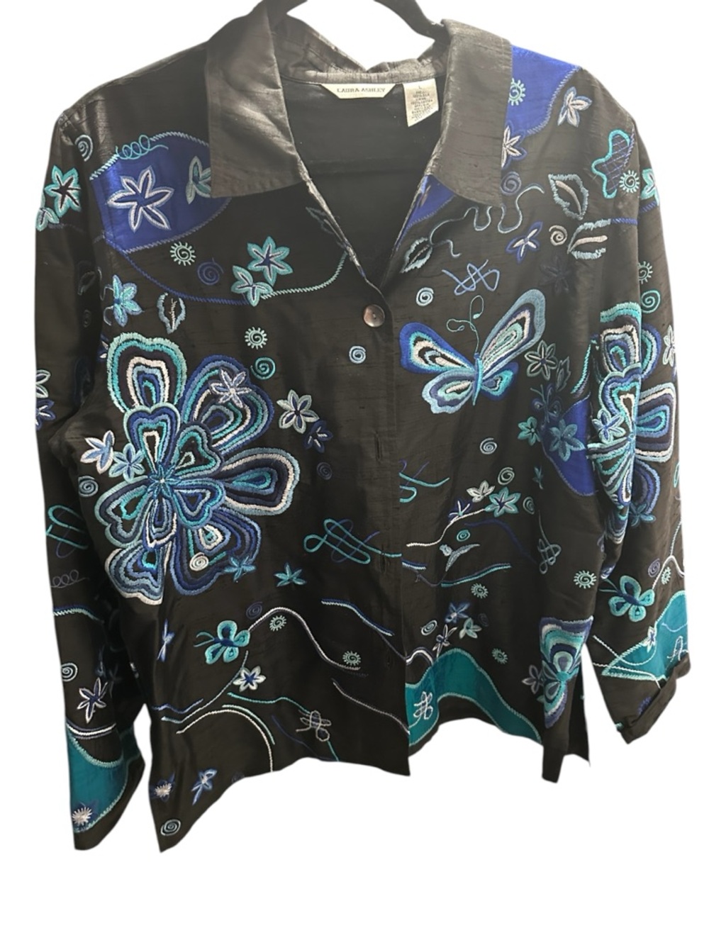 Laura Ashley Vintage 100% Silk Shirt with 100% Cotton Embroidery